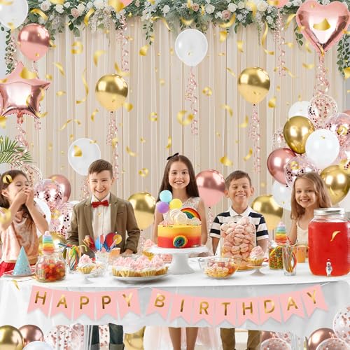 Rose Gold Happy Birthday Party Decorations, Happy Birthday Banner, Rose Gold Heart Star Foil Confetti Balloons and Pink Balloons Party Decorations Kit for Girls Women Princess - style: Rose Gold