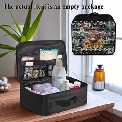 Gomyblomy Aztec Highland Cow Print First Aid Kit Bag Empty Portable First Aid Kits for Business Travel Medium Emergency Medical Kit for Cars Home Medicine Bag Medical Supplies Bags - color: Aztec Highland Cow-add