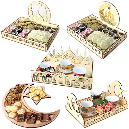 Ramadan Tray, Ramadan Wood Tray Moon Star Eid Mubarak Dessert Tray Ramadan Decorations, DIY Serving Tableware for Breakfast Dinner Dessert Pastry Display Holder Eid Decoration Ornament