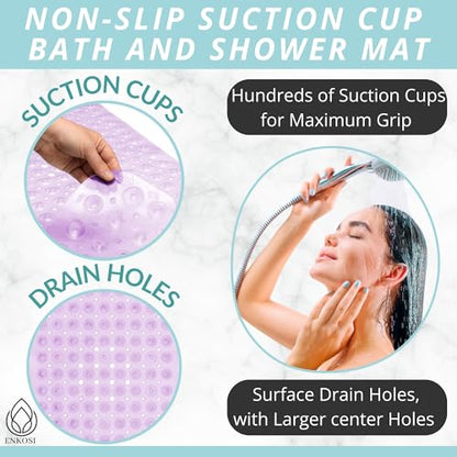 ENKOSI Non-Slip Bath & Shower Mat 40x16 Extra Long, Suction & Drain Holes | Clear Purple look; Durable PVC; 40x16 in, Clear Purple - color: Clear Purple
