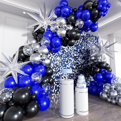 Blue and Black Balloon Arch Kit, 201Pcs Explosion Star Royal Blue Metallic Sliver Black Balloon Garland kit, Different Size Balloons for Anniversary Birthday Graduation Prom Party Decorations - color: Blue and Black Silver