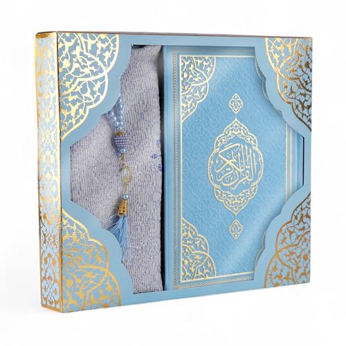 FURKAN Thermo Leather Quran Blue, Prayer Rug and Prayer Beads, Zuhre Gift Box - Blue - color: Blue