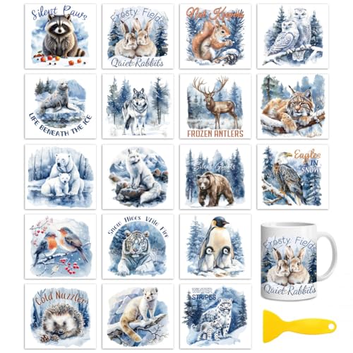 Peacoblue Winter Animals Rub On Transfers for Craft, Transfer Sticker | 18 Sheets UV DTF Transfers, Waterproof Rub On Decals for Wood, Glass, Furniture, Tumblers & Home Decor Crafts - style: Winter Animals