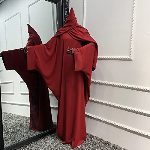 Muslim Dress for Women Pakistani Kaftan Abaya Robe + Hijab Arabic Islamic Prayer Clothes Dubai Outfits - color: Dark Red Set
