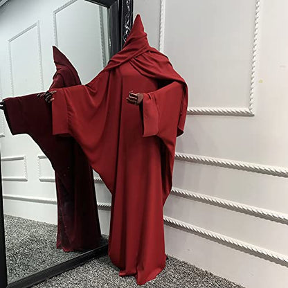 Muslim Dress for Women Pakistani Kaftan Abaya Robe + Hijab Arabic Islamic Prayer Clothes Dubai Outfits - color: Dark Red Set
