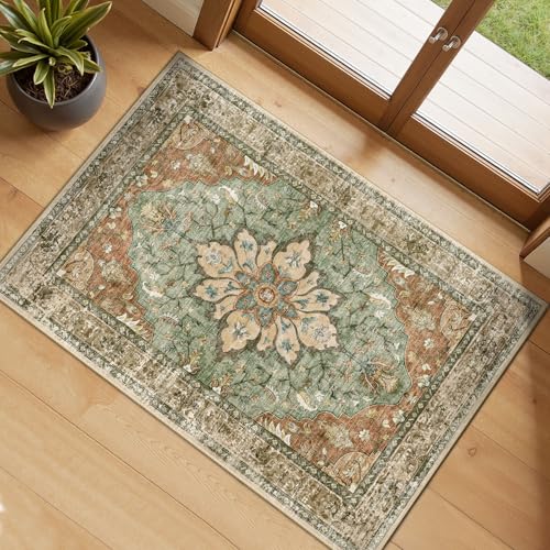 RELEANY Washable Area Rug, Small 2'x3', Brick/Brown/Green - color: Brick/Brown/Green, size: 2' x 3' (Rectangular)