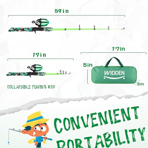WIDDEN Kids Fishing Pole, Portable Telescopic Kids Fishing Poles for Boys and Girls, Fishing Rod and Reel Combo Kit with Tackle Box, and Fishing Net, Best Fishing Pole for Toddler Youth - color: Green+Green