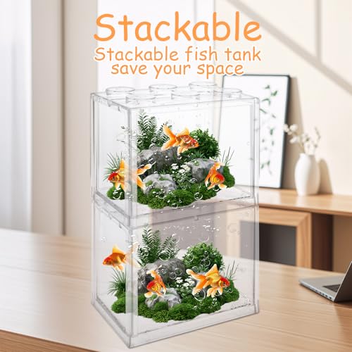 QTLCOHD 4 Pack Small Betta Fish Tank, 0.6 Gallon Mini Aquarium Tank | Clear Stackable Fish Bowl, Acrylic Tiny Cube Tank for Beta Fish Sea Monkeys Shrimp Snails