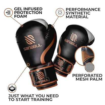 Sanabul Essential Gel Boxing Gloves for Men & Women, Kickboxing MMA, Muay Thai Gloves and Heavy Bag Training Punching & Sparring - color: Black/Copper, size: 10 oz