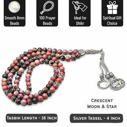 Amazing Gemstone Rhodonite Tasbeeh with Moon and Star Charm - Certified Crystal Muslim Prayer Beads Natural Gemstone Tasbih Gift for Ramadan Dhikr and Daily Namaz (S) - color: Rhodonite