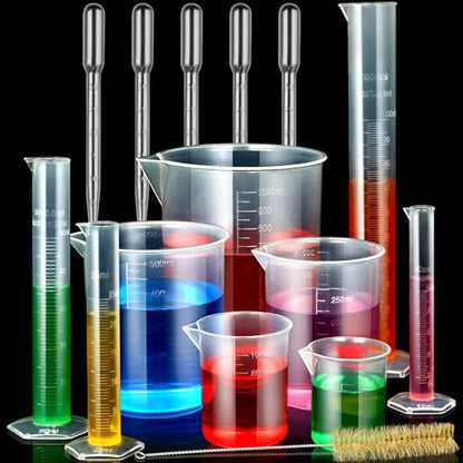 moveland Plastic Graduated Cylinders and Beakers with 5 Pipettes, 10ml 25ml 50ml 100ml Cylinders, 50ml 100ml 250ml 500ml 1000ml Beakers, Ideal for DIY and Kids Science Lab | 10-100ml Cylinders, 50-1000ml Beakers & 5 Pipettes, Food-Grade Shatterproof, Accu
