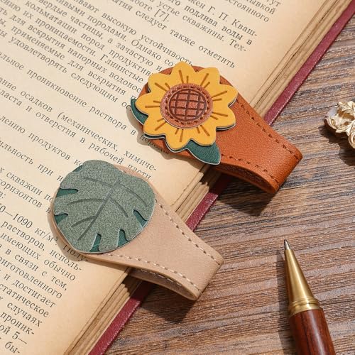 2PCS Vintage Magnetic Leather Bookmark, Leather Magnetic Bookmarks for Women, Magnetic PU Bookmarks Clip Book Accessories - style: Sunflower&Leaf