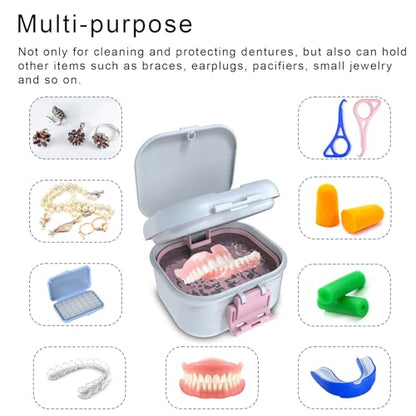 BVN Upgraded Leak Proof Denture Bath Cup with Strainer & Storage Compartment | Portable Soaking Case for Dentures, Braces and Travel Retainers - color: White+pink