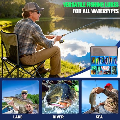 PLUSINNO Fishing Lures Fishing Tackle Box Fishing Gifts for Men, Bass, Trout Fishing Accessories Kit for Saltwater & Freshwater Fishing Gear Including Topwater Lures, Hooks, Spinnerbaits - color: 194PCS tackle box