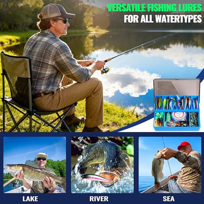 PLUSINNO Fishing Lures Fishing Tackle Box Fishing Gifts for Men, Bass, Trout Fishing Accessories Kit for Saltwater & Freshwater Fishing Gear Including Topwater Lures, Hooks, Spinnerbaits - color: 194PCS tackle box