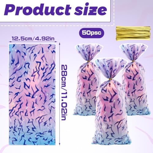 LERCTH Kpop Cellophane Bags with Gradient Abstract Pattern, Iridescent Purple Blue Plastic Treat Bags with Twist Ties for Party Favors - color: Kpop goodie bags 50 packs