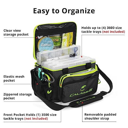 Calamus TB61 Fishing Tackle Bag, Fishing Gear, Gifts for Angler, Green | Saltwater & Freshwater Fishing Bags, Rip-Stop PE, Padded Shoulder Strap, Pliers Storage, Easy to Organize, Functional Design - color: A：Green(without trays)-14.3*9*7.5 inches