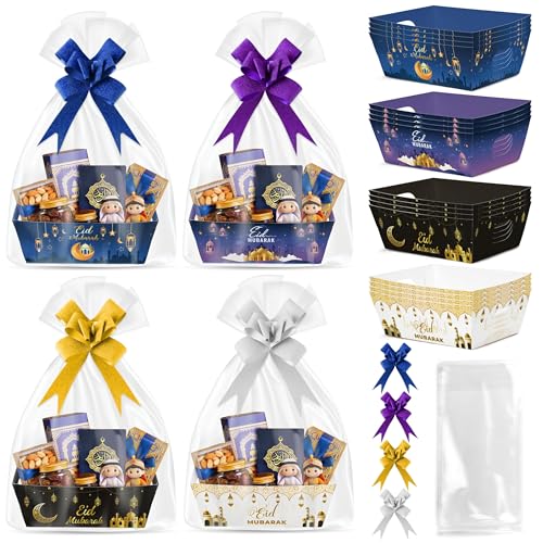 OSNIE Eid Mubarak Gift Bag Empty Baskets - 24 Sets Islamic Eid Gold Lantern and Moon Party Gift Baskets Empty with Cellophane Bags and Ribbons Bows for Festivals Holiday Business Carnival (4 Styles)
