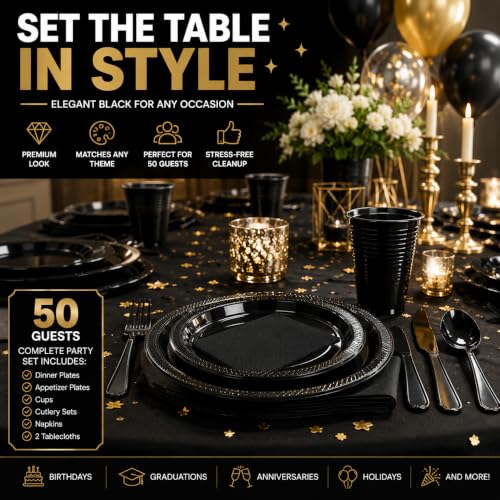 Tinybee 352 Pcs Black Plastic Plates, Disposable Dinnerware Set for 50 - color: Black