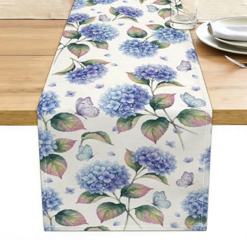 Hydrangea Butterfly Summer Table Runner, Spring Dining Table Decoration - color: Watercolor Hydrangea
