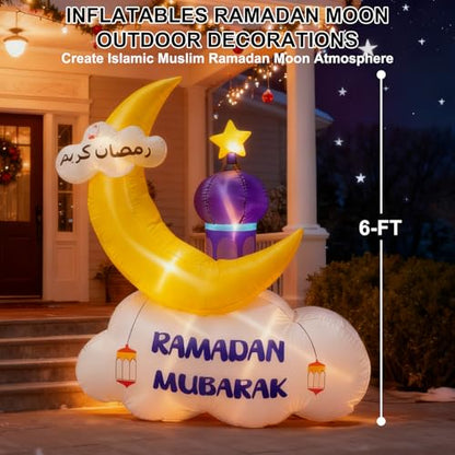 6FT Outdoor Inflatable Ramadan Moon Decoration, Blow Up Islamic Eid Decor with LED Lights, Waterproof Inflatable Ramadan Eid Mubarak Holy Celebration for Celebrate Fasting Introspection and Prayer - style: Purple