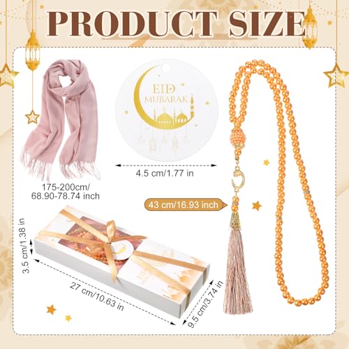 6 Sets Eid Ramadan Gifts for Women Muslim Tasbih Prayer Beads Pink Islamic Hijabs Scarf Shawl Mubarak Greeting Card with Box Eid Al-fitr Gift for Hajj Muslim Celebration Wedding Party
