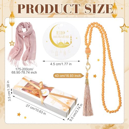 6 Sets Eid Ramadan Gifts for Women Muslim Tasbih Prayer Beads Pink Islamic Hijabs Scarf Shawl Mubarak Greeting Card with Box Eid Al-fitr Gift for Hajj Muslim Celebration Wedding Party