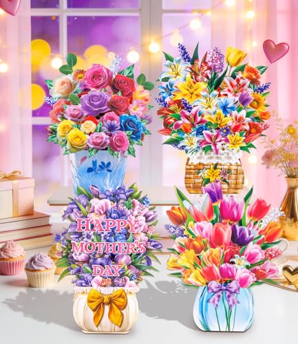 4 Pack 3D Pop Up Flower Bouquet Cards – Rose, Tulip, Lily, Mother’s Day Designs, Colorful Stand-Up Floral Centerpieces for Birthday, Anniversary, Thank You, Get Well, Includes Envelopes & Blank Notes - style: Floral Flour