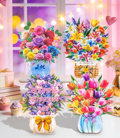 4 Pack 3D Pop Up Flower Bouquet Cards – Rose, Tulip, Lily, Mother’s Day Designs, Colorful Stand-Up Floral Centerpieces for Birthday, Anniversary, Thank You, Get Well, Includes Envelopes & Blank Notes - style: Floral Flour