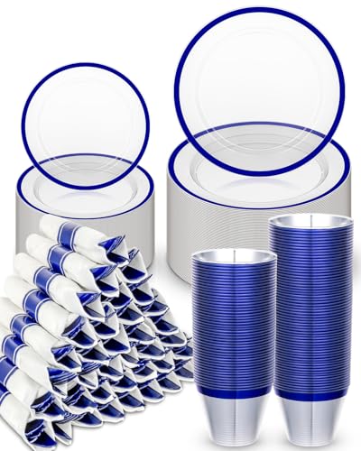 BESTVIP 350 Pcs Clear Blue Plastic Dinnerware Set for 50 Guests - color: Blue, size: 350