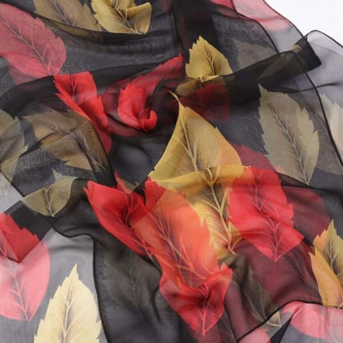 E-Clover Women Soft Floral Print Shawl Chiffon Sheer Scarf - color: Black Red Leaf