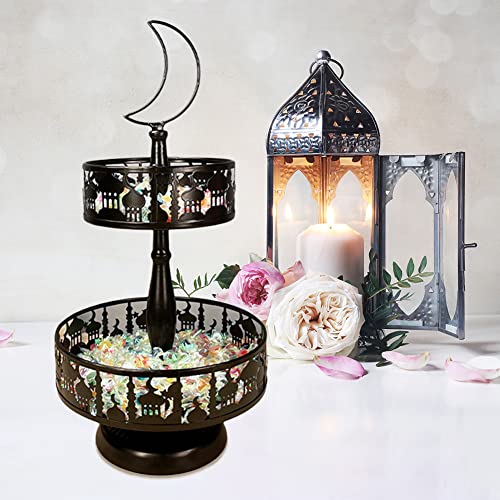 Eid Ramadan Double-Layer Pastry Tray Dinner Plate Tray Dessert Tray for Home Party Decoration, Candy Dessert Rack Iron Serving Tray for Islam Muslim Table Decor Castle (Gold)