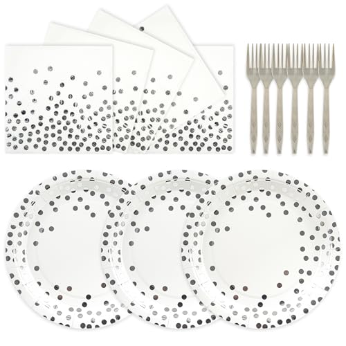 75PCS Paper Plates and Napkins Set, White and Silver Dot - color: White Sliver Dot, size: 7inch-75pcs
