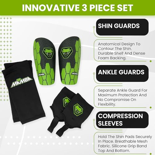 Mamba Ultimate Shin Guard Bundle, 3 in 1 | Soccer Shin Pads, Ankle Guards & Compression Sleeves for Protection & Comfort | Kids/Adults - size: Large