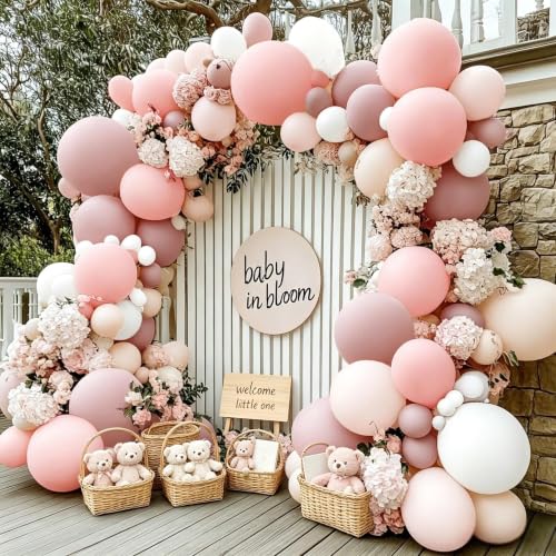 Pink Beige White Balloons Arch Kit，Double Stuffed Light Pastel Pink Beige Sand White Cream Balloons for Engagement Wedding Bridal Baby Shower Birthday Princess Anniversary Party Decorations - color: Pink White