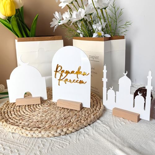 3 Pieces Ramadan Decorations for Table Sign Eid Mubarak Party Decoration Ramadan Kareem Wooden Ornaments for Eid Islamic Decorations for Home - color: Ramadan-a