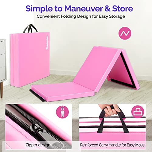 Matladin 6' Folding Tri-fold Gymnastics Gym Exercise Aerobics Mat, 6ft x 2ft x 2in PU Leather Tumbling Mats with Hook & Loop Fastener for Stretching Yoga Cheerleading Martial Arts - color: Pink-2 Pack