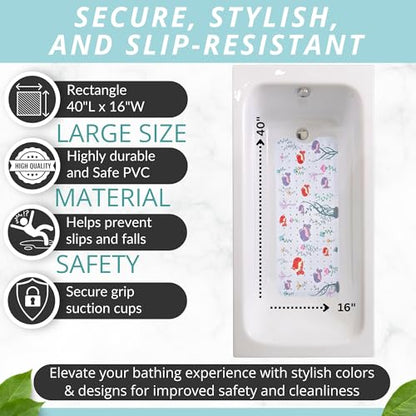 ENKOSI Non-Slip Bath & Shower Mat 40x16 Extra Long, Suction & Drain Holes | Fun aquarium print for kids; Durable PVC; 40x16 in, Aquarium Print - color: Aquarium Print