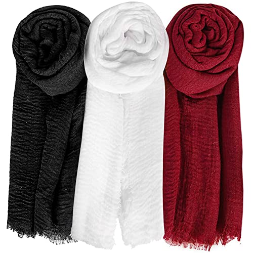 Summer Cotton Blend Crinkle Vintage Soft Scarf with Fringed Edges 35" × 70" - color: White/Black/Red