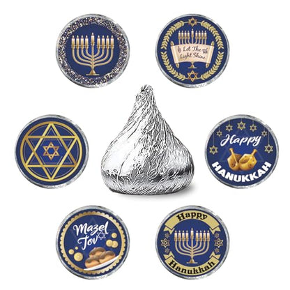 Happy Hanukkah Kiss Sticker Labels - Chanukah Party Round Candy Sticker Favors - Jewish Holiday Labels Fit Chocolate Candy (Set of 150) - color: Hanukkah