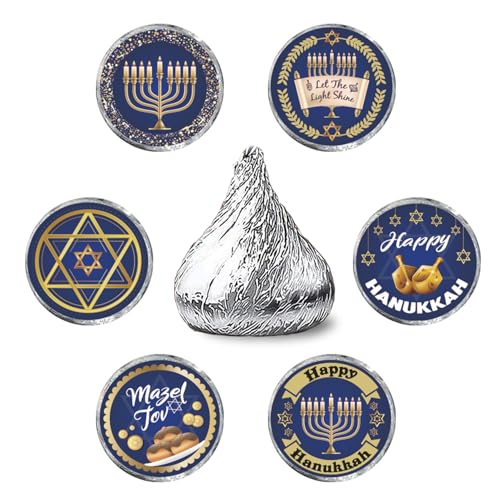 Happy Hanukkah Kiss Sticker Labels - Chanukah Party Round Candy Sticker Favors - Jewish Holiday Labels Fit Chocolate Candy (Set of 150) - color: Hanukkah