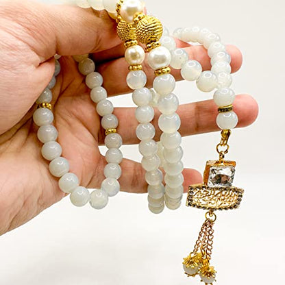 Real Light Grey Pearl Bismillah Islamic Prayer Beads, Natural Stone, 99 Beads, Tasbih, Misbaha, Tasbeeh, Rosary, Misbah, Tesbih, 6mm