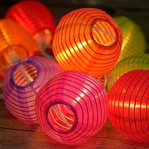 HOSY 10-Pack Multicolor 3-in Lantern, 11 ft White Wire Plug-in String Light | Self-assembly Required, Nylon Fabric, 3-in Diameter, 12-in Spacing, End-to-end Connectable, UL Certified - color: Multicolor
