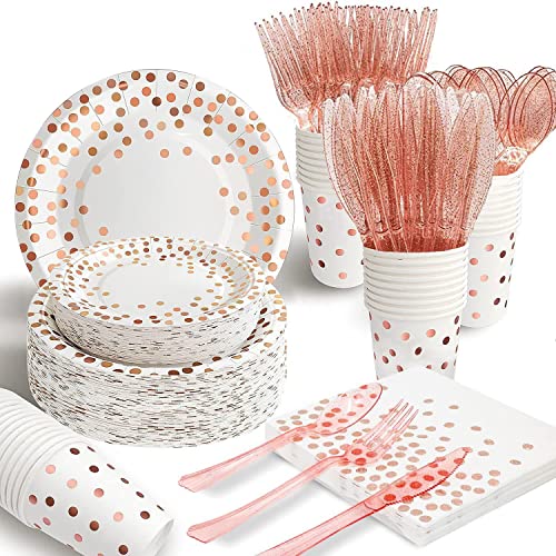 AIRE Pink Rose Gold Paper Plates Set, 175PCS Disposable Dinnerware for 25 - color: 175PCS White and Rose Gold