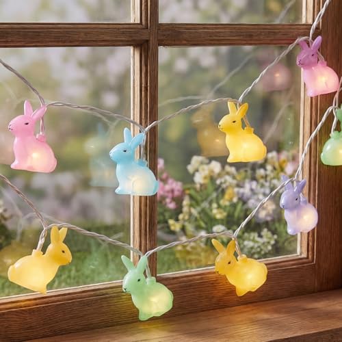 GOOTHY Easter Rabbit String Lights Plug in, Indoor Outdoor Easter Decorations Lights with 10 LED Colorful Bunny Light, Hanging Spring Pastel Bunny Lights for Party Garden Birthday Wedding Home Decor - color: Bunny