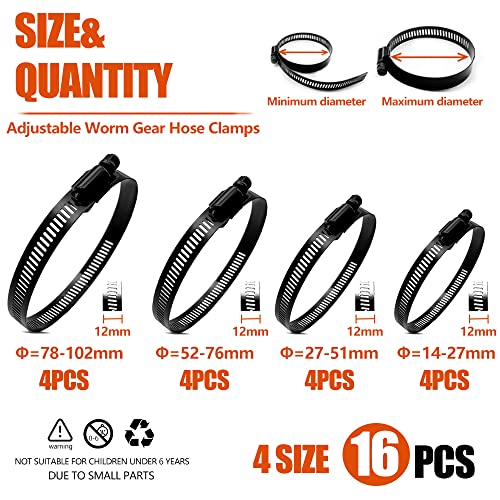 BOTTEN 16pcs 4 Sizes Hose Clamp,9/16-4 Inch(14-102mm) Hose Clamps Stainless Steel Adjustable Worm Gear Black Hose Clamp Assortment Kit,radiator hose clamps, fuel line clamps - size: 16Pcs Kit Black