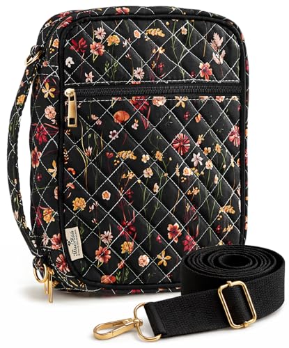 Miss Adola Bible Cover Case for Women - Quilted Bible Carrying Case Organizer Study Bag with Zipper Handle and Shoulder Strap Black Vintage Floral Book Cover for Teen Girls - color: Black-vintage-floral