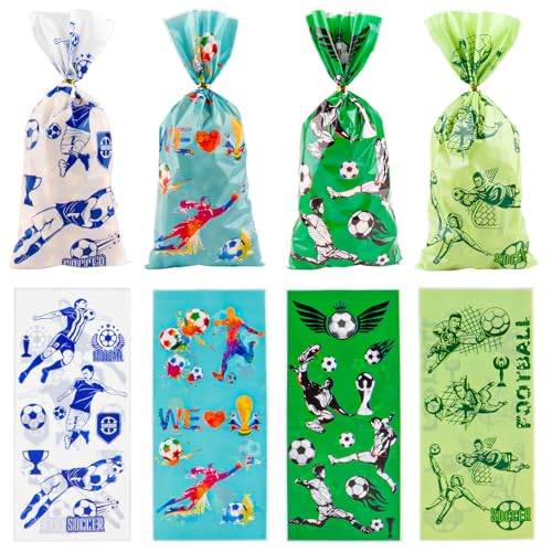 LERCTH 50 PCS Soccer Gift Bags with Twist Ties - 4.9x10.7 Inch Treat Bags, Football Player & Ball Design Party Favor Bags for Soccer Theme World Cup Party, Game Day, Birthday & Sports Events - color: Soccer goodie bags 50 Packs