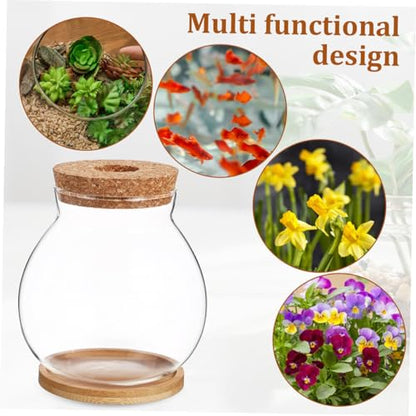 GANAZONO Mini Glass Fish Bowl with Wood Lid, Hydroponic Small Aquarium 10x11cm, Desktop Betta Fish Tank with Mat for Home and Office Decor