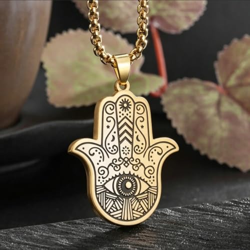 Classic Stainless Steel Devil's Eye Hand of Fatima Pendant Necklace for Men and Women Fashion Exorcism Amulet Jewelry Gift - color: golden